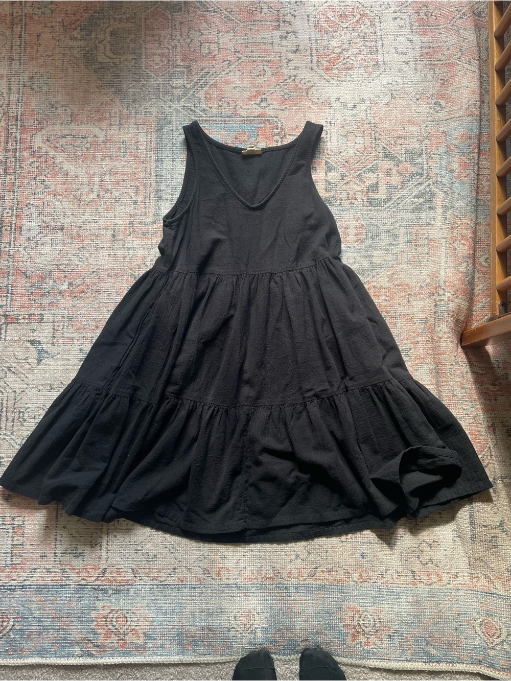 Ana Women’s Linen Blend Black Tiered Boho Cottagecore Midi Dress SZ XS